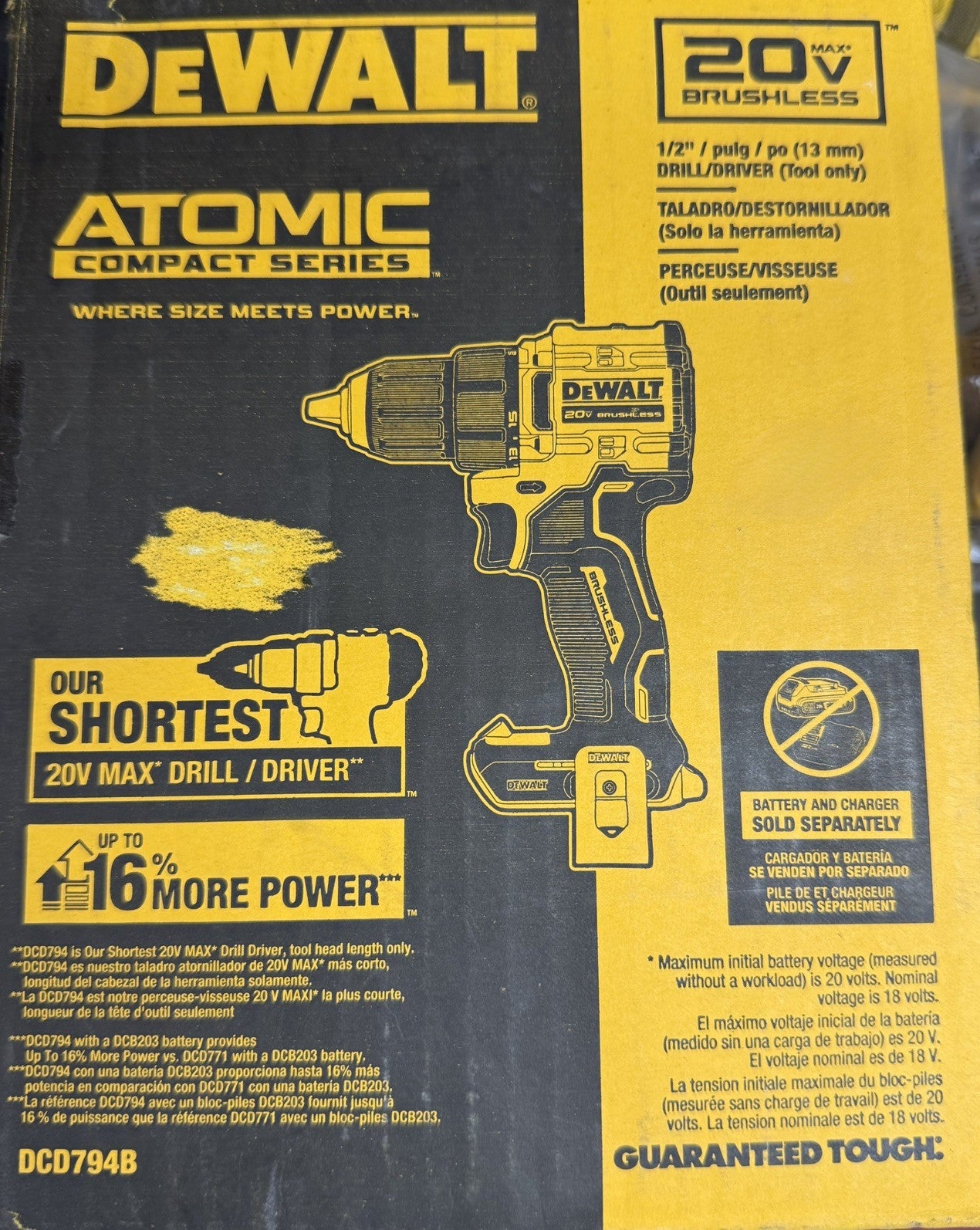 DeWALT DCD794B 20V MAX XR Atomic Brushless 1/2" Drill/Driver Bare Tool - Lumi and Leo