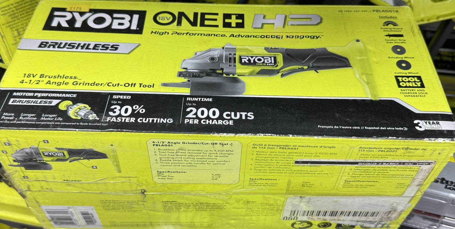 ONE+ HP 18V Brushless Cordless 4-1/2 in. Angle Grinder - Model PBLAG01B - NEW - Lumi and Leo
