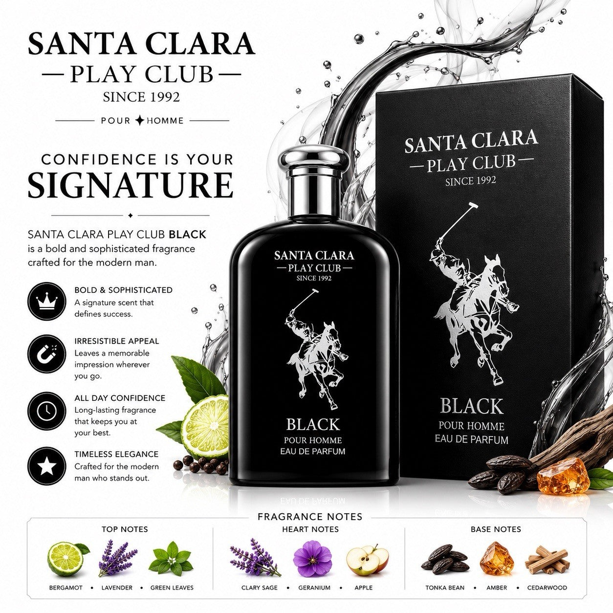 Santa Clara Play Club Black Pour Homme Eau De Parfum 100ml 3.4 fl oz - Lumi and Leo