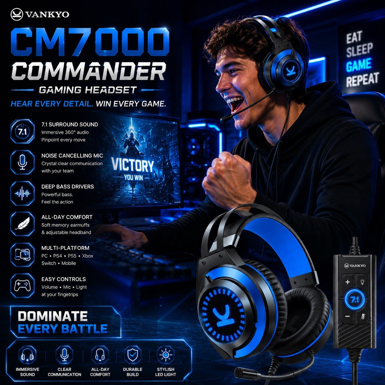 VANKYO CM7000 Commander Gaming Headset 7.1 USB RGB Mic PC PS5 PS4 Xbox - Lumi and Leo