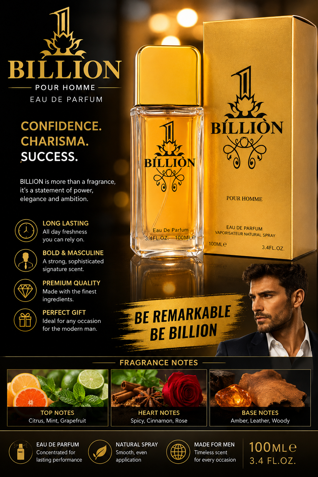 1 BILLION POUR HOMME EAU DE PARFUM – 100ML / 3.4 FL.OZ. rich heart