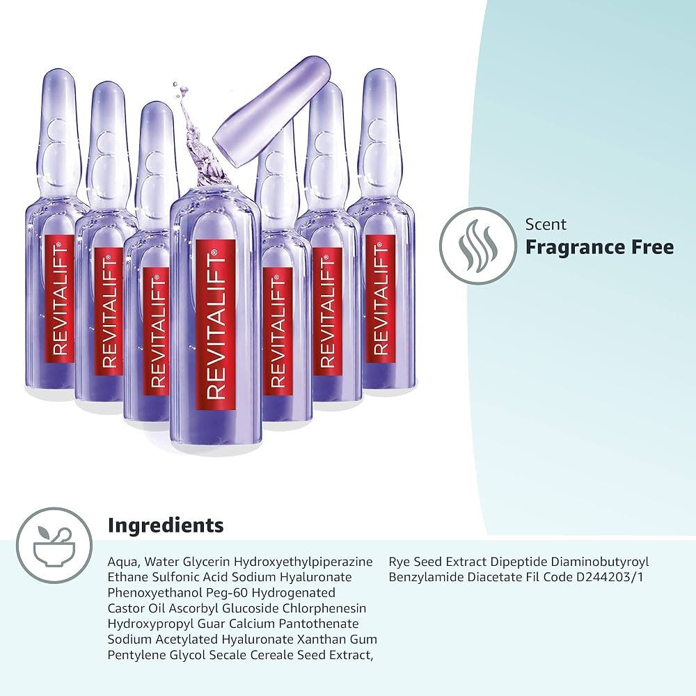 1 Pack L'OREAL Revitalift 1.9% Pure Hyaluronic Acid Replumping Ampoules 7 Per - Lumi and Leo