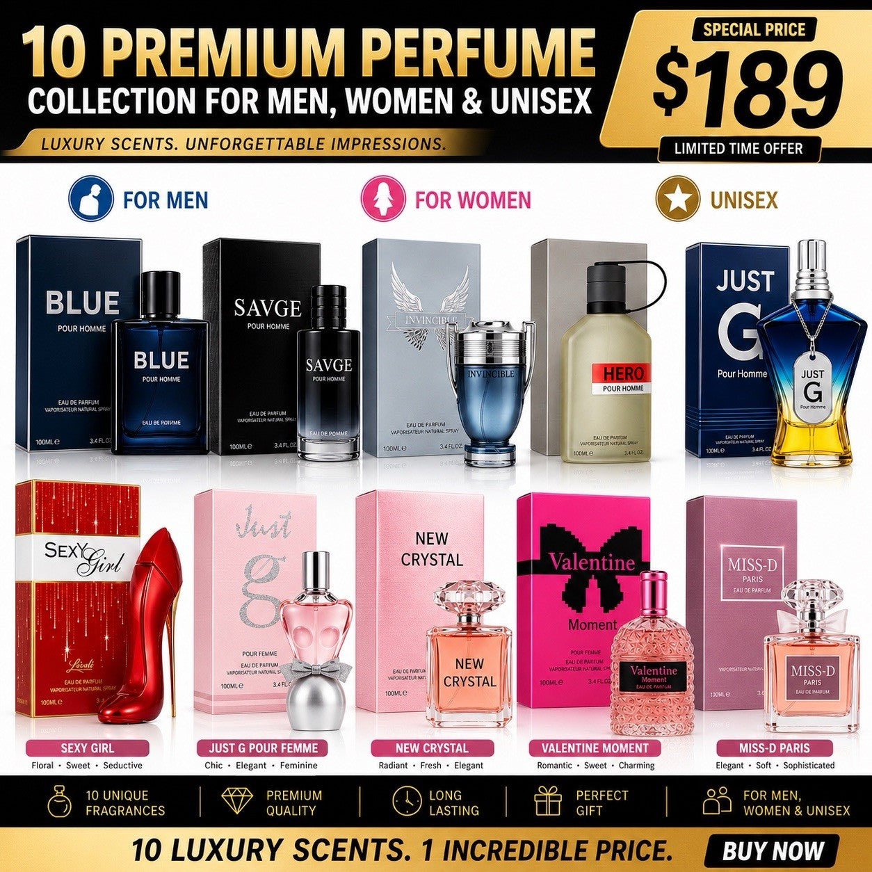 10 Premium Perfume Gift Set for Men Women & Unisex | 100ml Fragrance Collection - Lumi and Leo