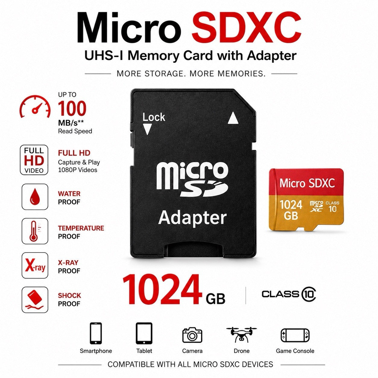 1024GB Micro SDXC Memory Card Class 10 UHS-I with SD Adapter for Phone Camera