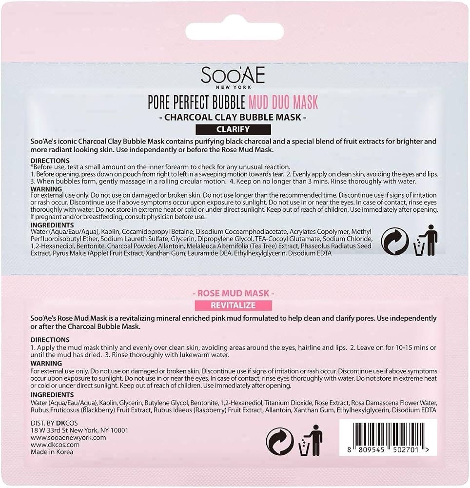 Soo'AE Pore Perfect Bubble Mud Duo Mask Charcoal & Rose 10 Pack Korea