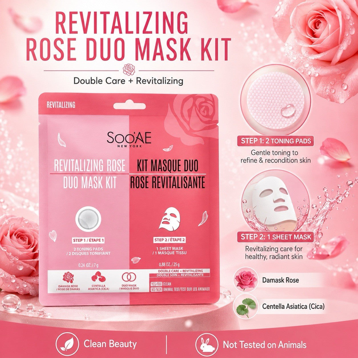 10 Pack Soo'AE Revitalizing Rose Duo Mask Kit Toning Pads & Sheet Face Mask