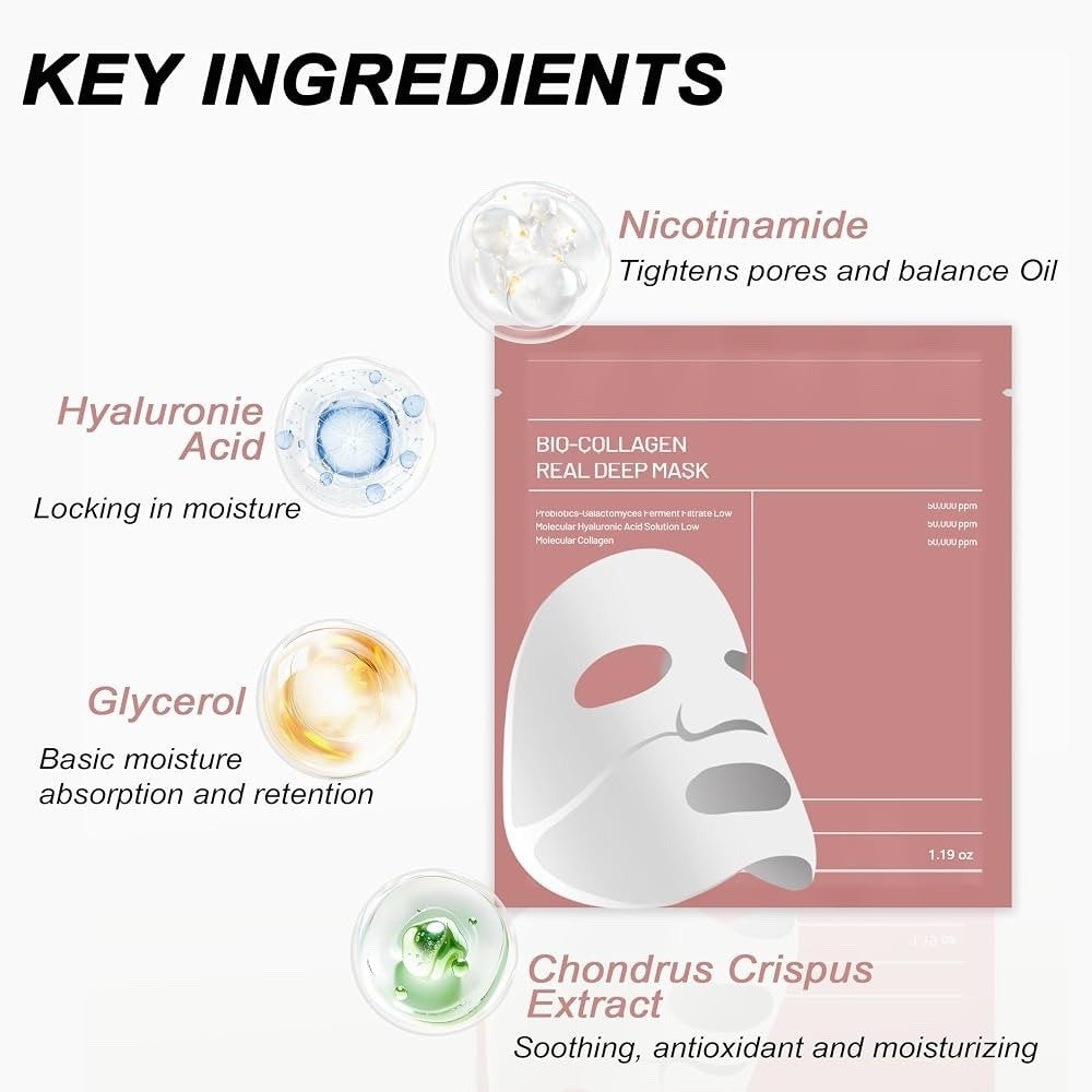 10 Pack Bio-Collagen Real Deep Hydrogel Face Masks Hyaluronic Acid 34ml