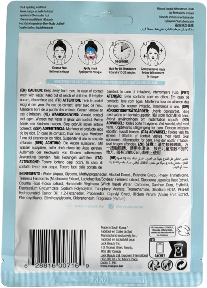 10 Pack Masque BAR Pretty Animalz Shark Hydrating Sheet Face Mask 21ml