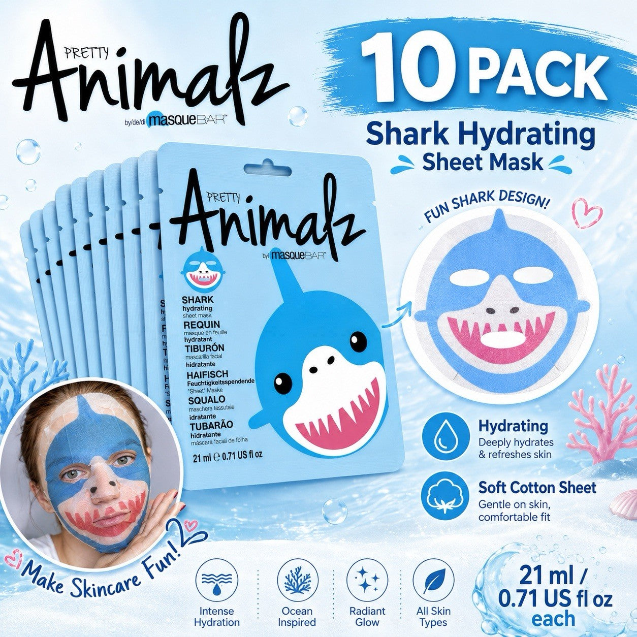 10 Pack Masque BAR Pretty Animalz Shark Hydrating Sheet Face Mask 21ml