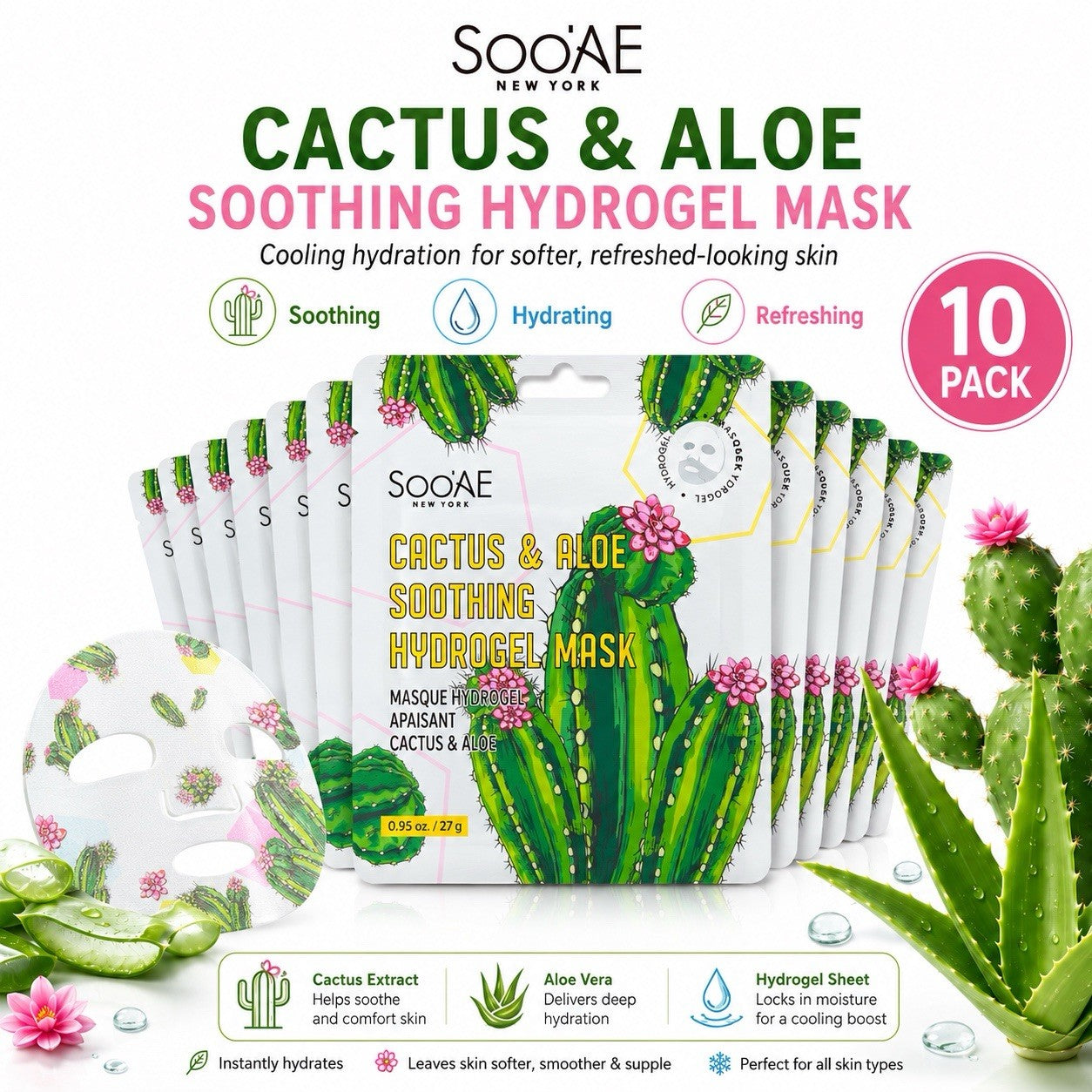 10 Pack Soo'AE Cactus & Aloe Soothing Hydrogel Face Masks 27g Korean