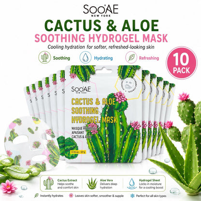 10 Pack Soo'AE Cactus & Aloe Soothing Hydrogel Face Masks 27g Korean