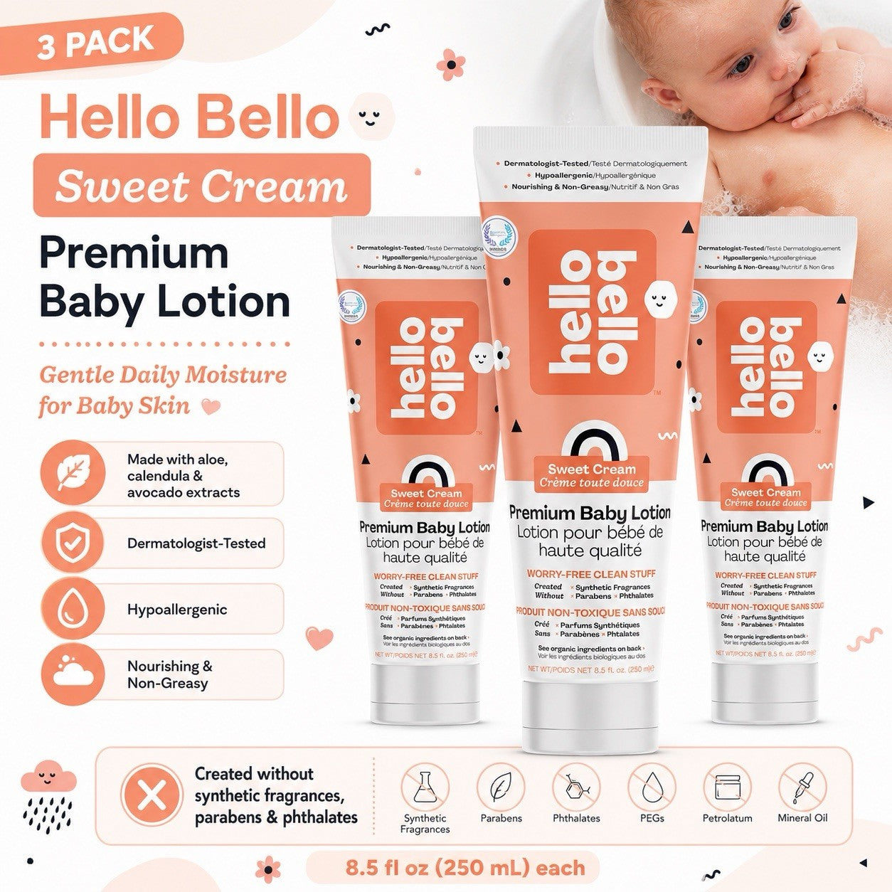3xHello Bello Premium Baby Lotion Sweet Cream 8.5 fl oz. New