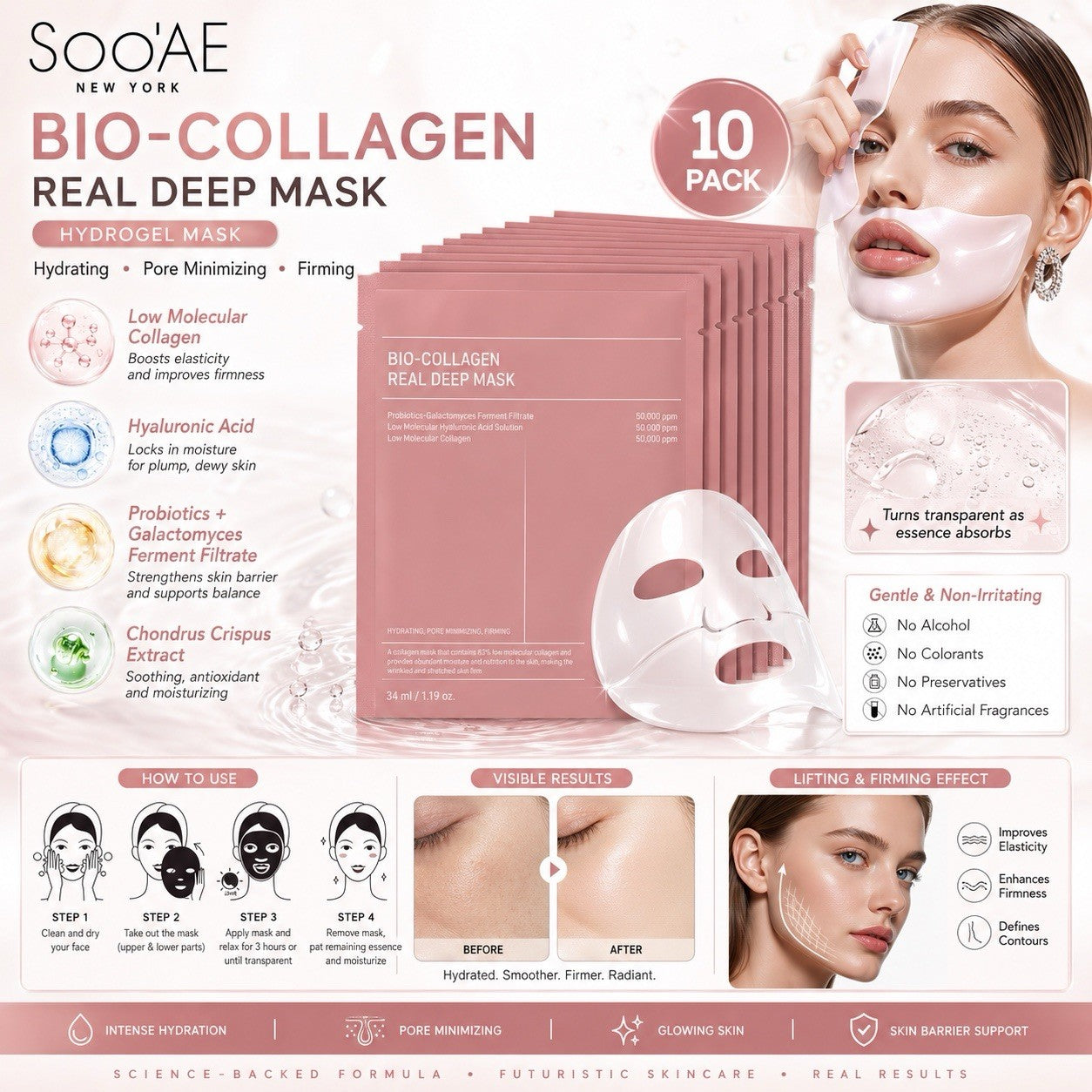 10 Pack Bio-Collagen Real Deep Hydrogel Face Masks Hyaluronic Acid 34ml