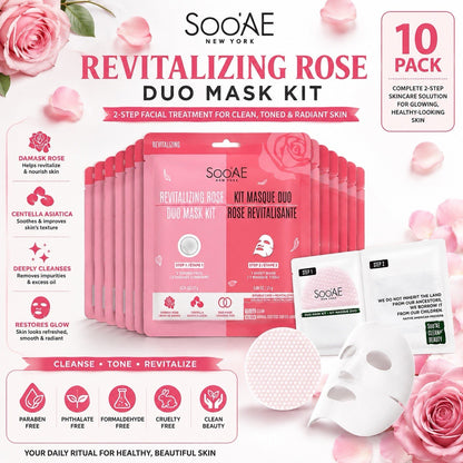 10 Pack Soo'AE Revitalizing Rose Duo Mask Kit Toning Pads & Sheet Face Mask