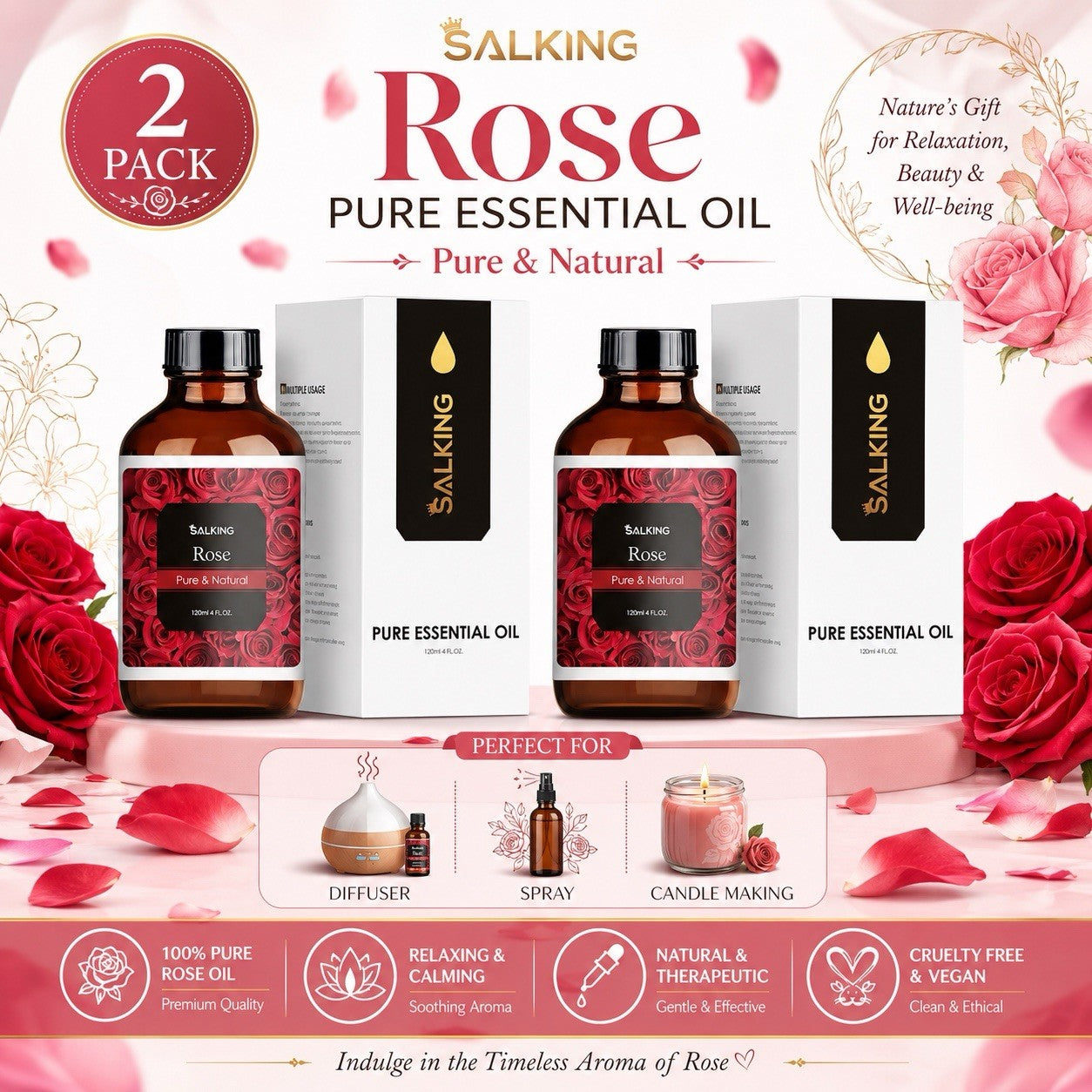 SALKING Rose Essential Oil 120mL 2 Pack Diffuser Candle Soap Fragrance