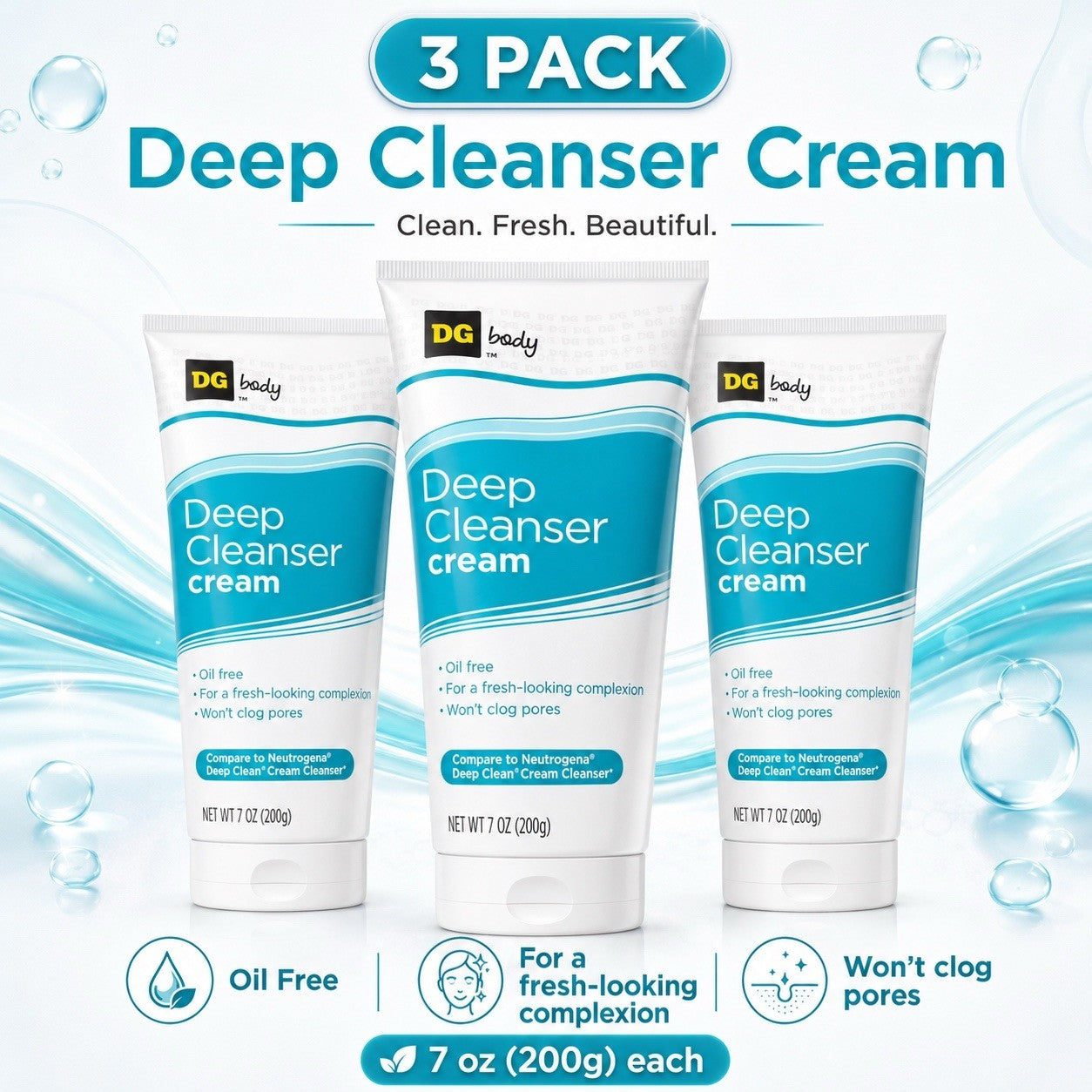 DG Body Deep Cleanser Cream Oil Free Face Wash 7 oz 3 Pack 200g Each