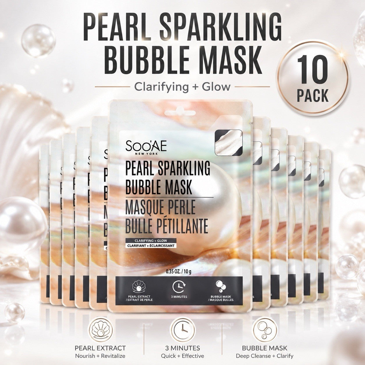 10 Pack Soo'AE Pearl Sparkling Bubble Face Mask Clarifying Glow Korean 10g