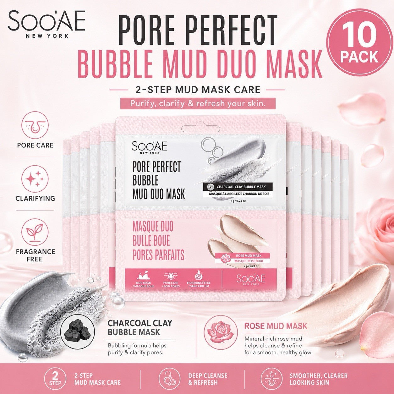Soo'AE Pore Perfect Bubble Mud Duo Mask Charcoal & Rose 10 Pack Korea