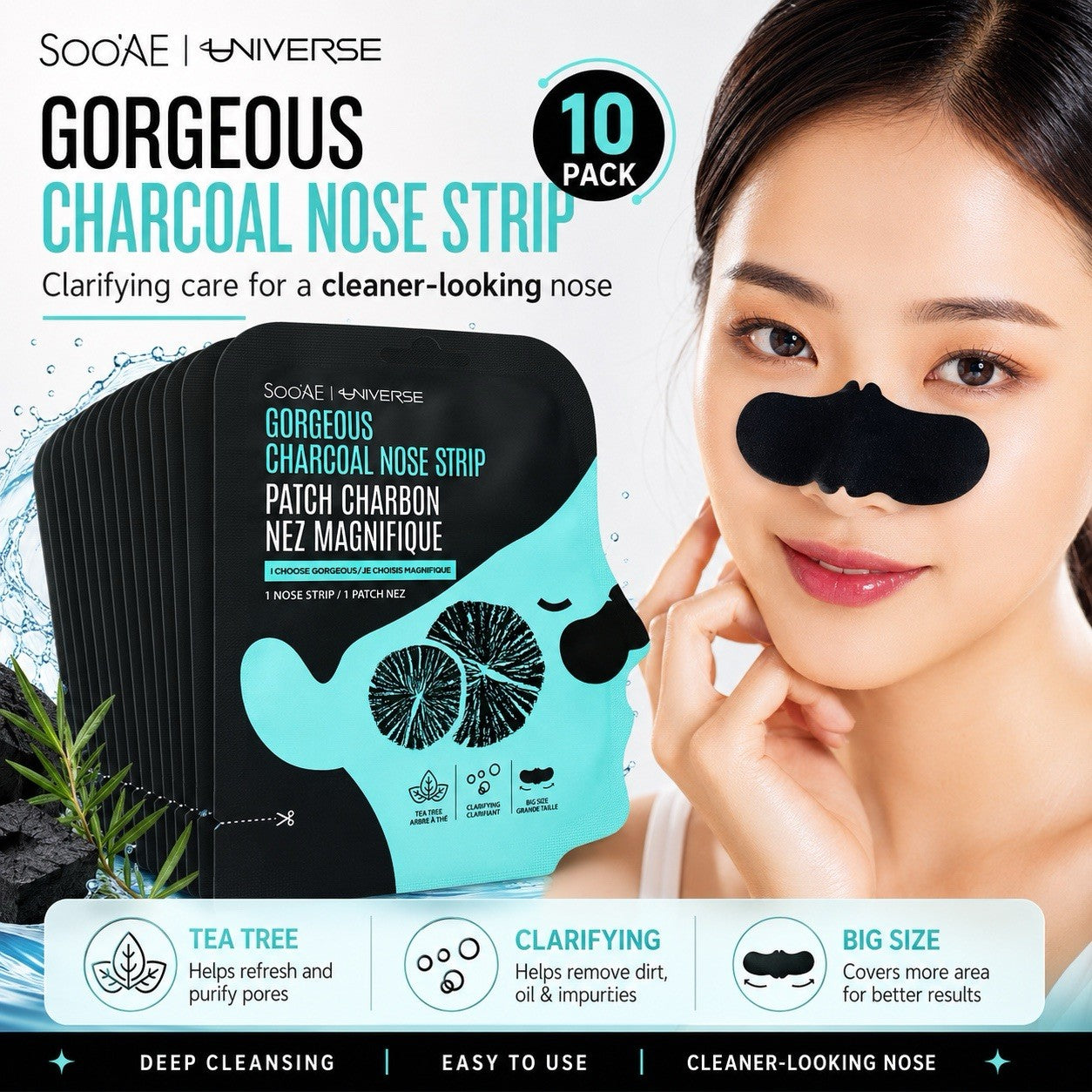 Soo'AE Universe Gorgeous Charcoal Nose Strip Tea Tree 10 Pack Made in Korea