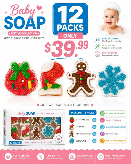 12-Pack Baby Soap Gift Set Christmas Holiday Shaped Moisturizing Gentle Bars - Lumi and Leo
