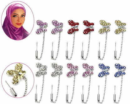 12PCS Butterfly Rhinestone Hijab Pins Muslim Scarf Brooch Safety Pin Chain Set - Lumi and Leo
