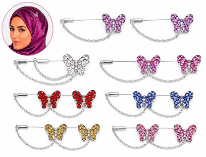 12PCS Butterfly Rhinestone Hijab Pins Muslim Scarf Brooch Safety Pin Chain Set - Lumi and Leo
