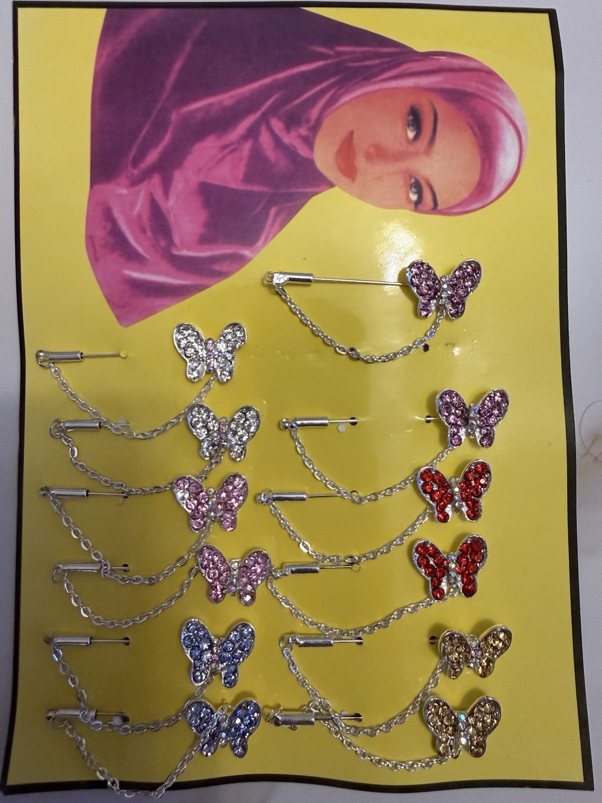 12PCS Butterfly Rhinestone Hijab Pins Muslim Scarf Brooch Safety Pin Chain Set