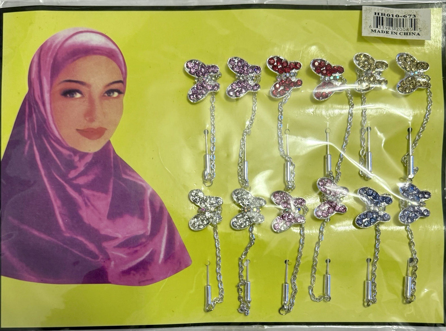 12PCS Butterfly Rhinestone Hijab Pins Muslim Scarf Brooch Safety Pin Chain Set - Lumi and Leo