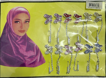 12PCS Butterfly Rhinestone Hijab Pins Muslim Scarf Brooch Safety Pin Chain Set - Lumi and Leo