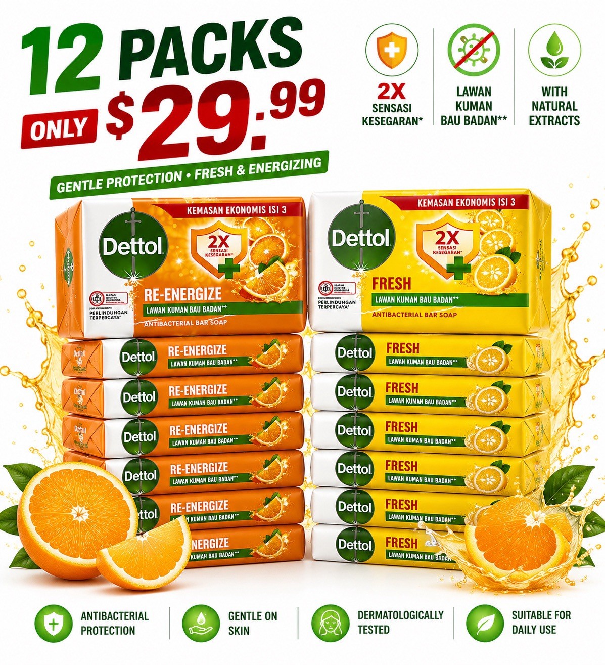 12pc Dettol Re-Energize Bar Soap, 100 gm Big Saving!! - Lumi and Leo