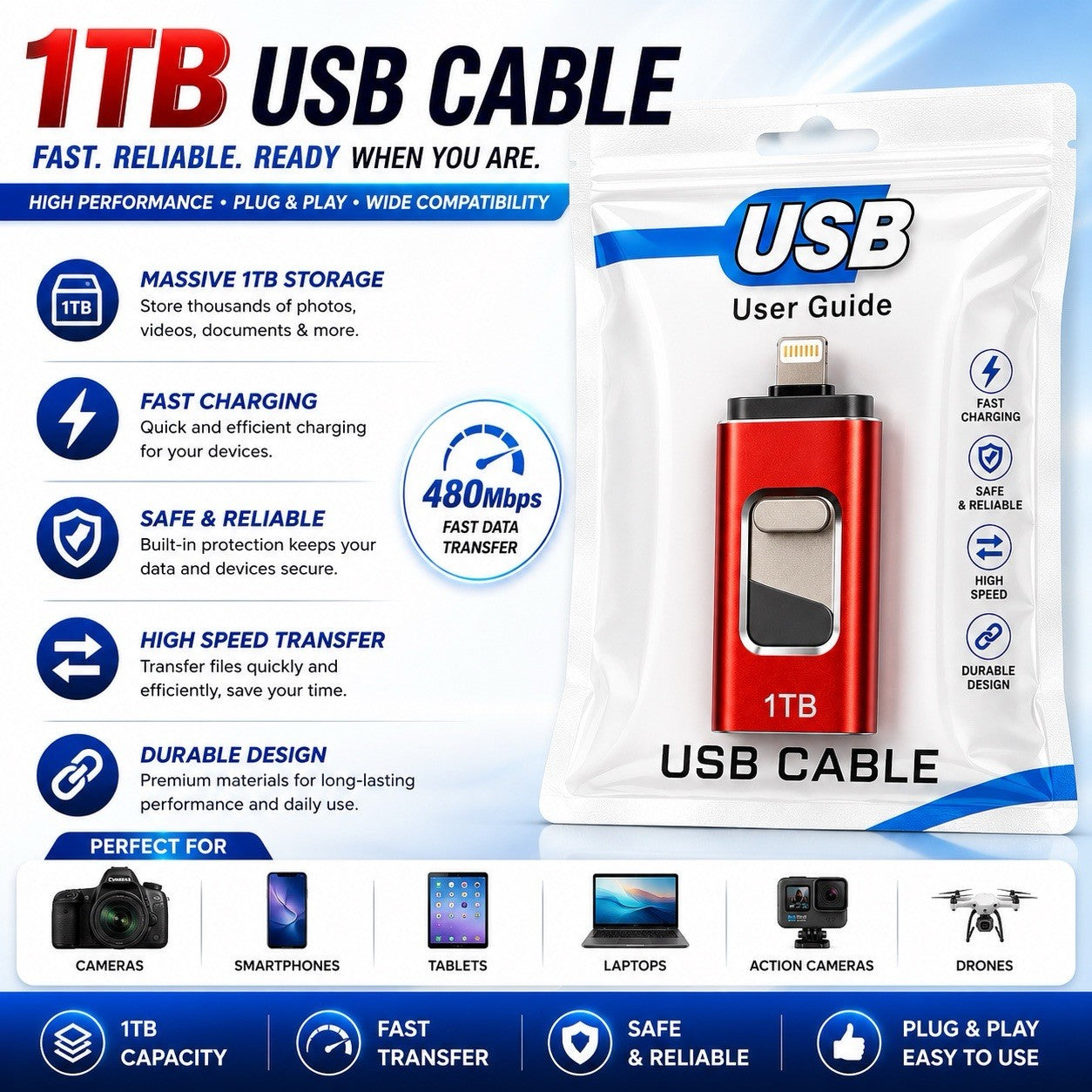 1TB USB Flash Drive for iPhone Lightning USB Memory Stick 480Mbps OTG Red - Lumi and Leo