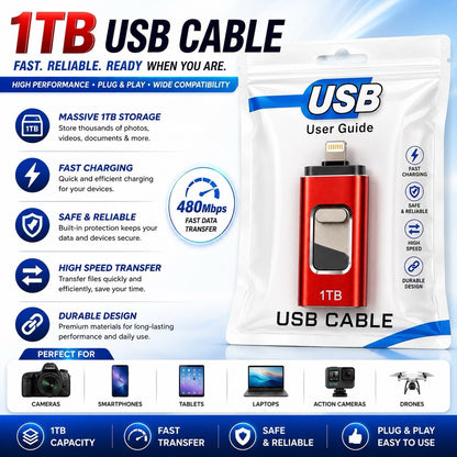 1TB USB Flash Drive for iPhone Lightning USB Memory Stick 480Mbps OTG Red - Lumi and Leo