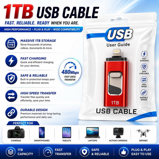 1TB USB Flash Drive for iPhone Lightning USB Memory Stick 480Mbps OTG Red - Lumi and Leo