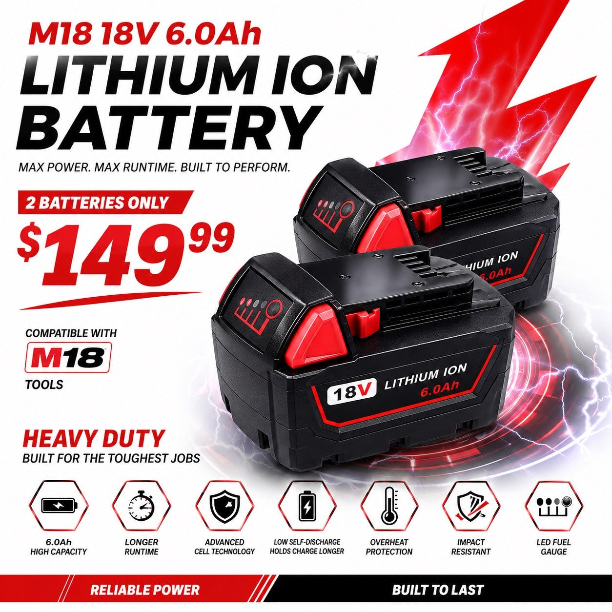 2-Pack 18V 6.0Ah Lithium-Ion Replacement Batteries for Milwaukee M18 Tools – New - Lumi and Leo