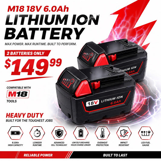 2-Pack 18V 6.0Ah Lithium-Ion Replacement Batteries for Milwaukee M18 Tools – New - Lumi and Leo