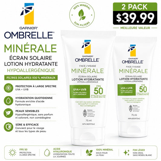 2 Pack Garnier Ombrelle Face Mineral Sunscreen SPF 50 75ml Hydrating Lotion - Lumi and Leo