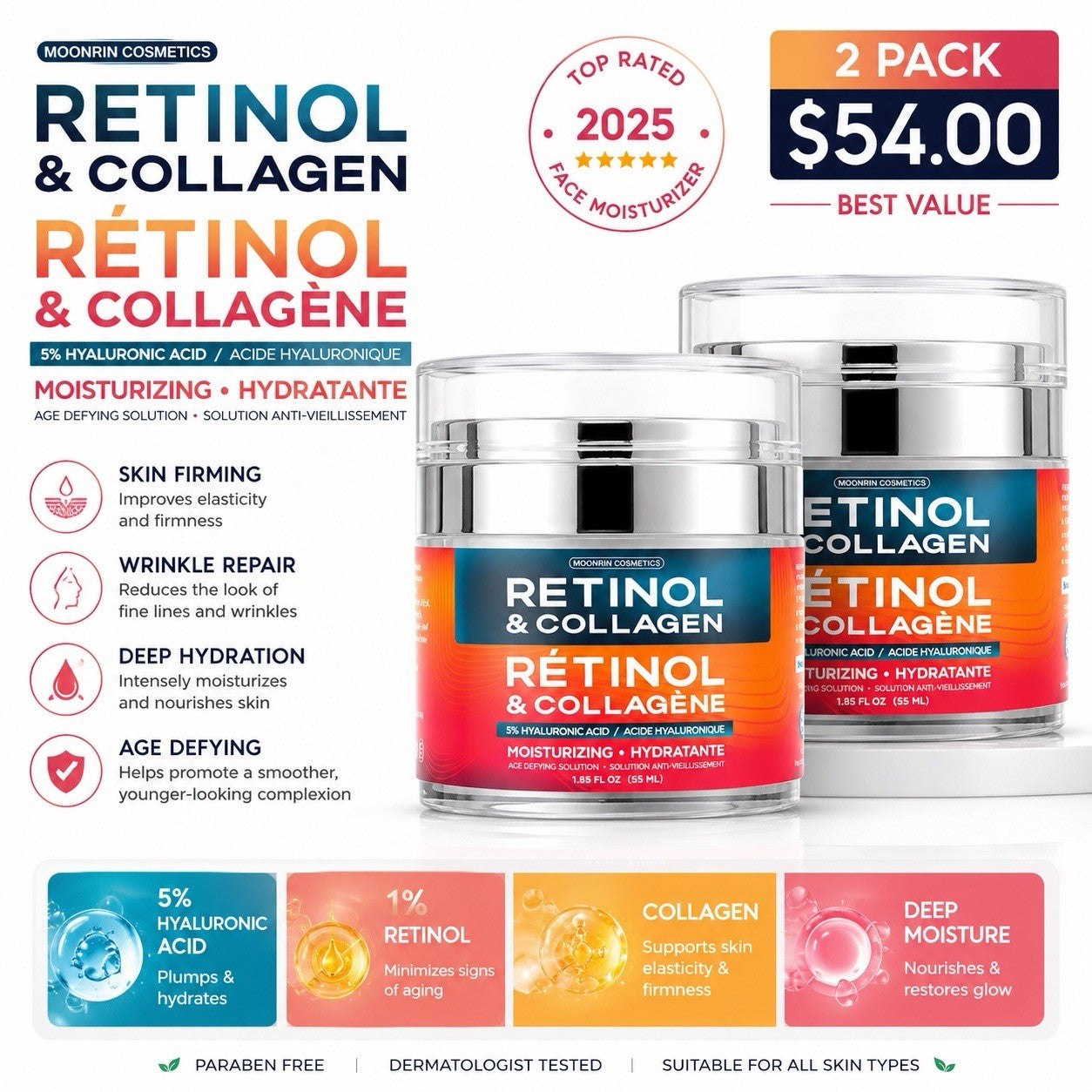 2 Pack Moonrin Retinol & Collagen Face Moisturizer Cream 55ml Hyaluronic Acid - Lumi and Leo