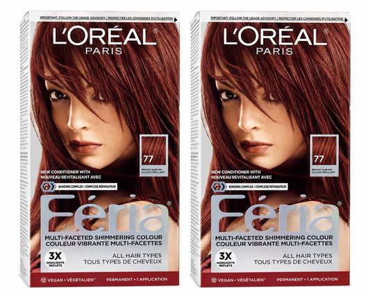 2 x L'Oreal Paris Feria Multi-Faceted Shimmering Color 77 Bright Auburn Hair Dye - Lumi and Leo