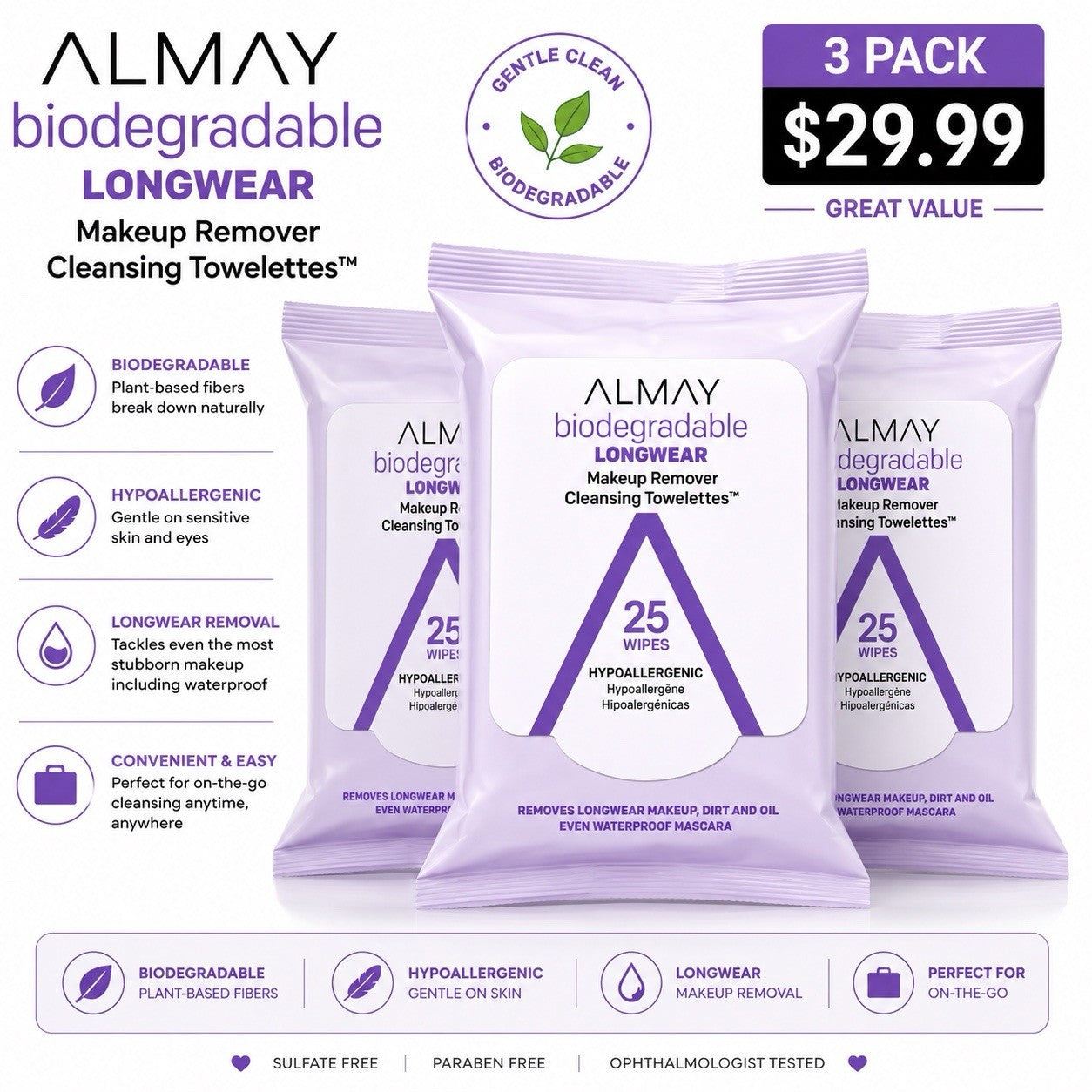 3 Pack Almay Biodegradable Longwear Makeup Remover Cleansing Towelettes 25 Ct - Lumi and Leo
