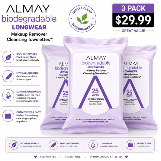 3 Pack Almay Biodegradable Longwear Makeup Remover Cleansing Towelettes 25 Ct - Lumi and Leo
