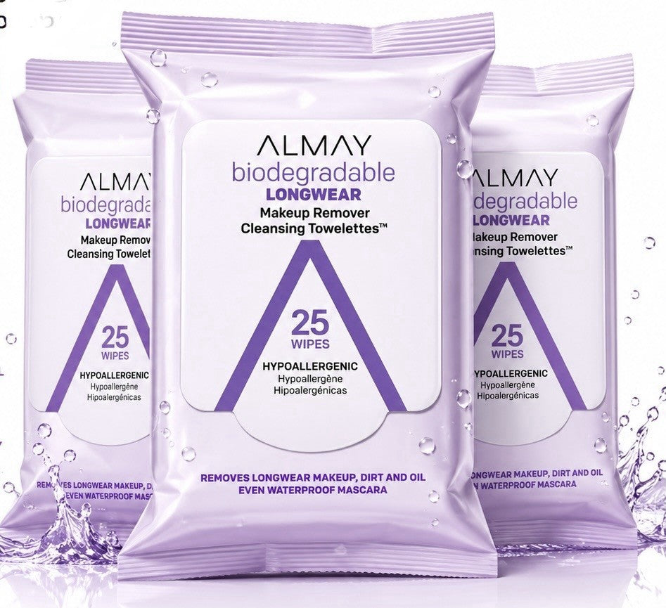 3 Pack Almay Biodegradable Longwear Makeup Remover Cleansing Towelettes 25 Ct - Lumi and Leo