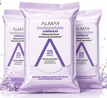 3 Pack Almay Biodegradable Longwear Makeup Remover Cleansing Towelettes 25 Ct - Lumi and Leo