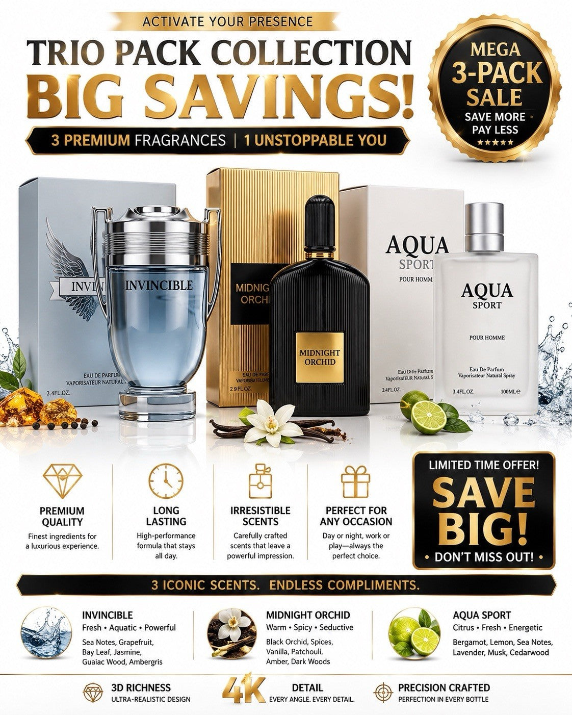 3 Pack Men's Eau de Parfum Fragrance Set Assorted Cologne Spray Gift Collection - Lumi and Leo