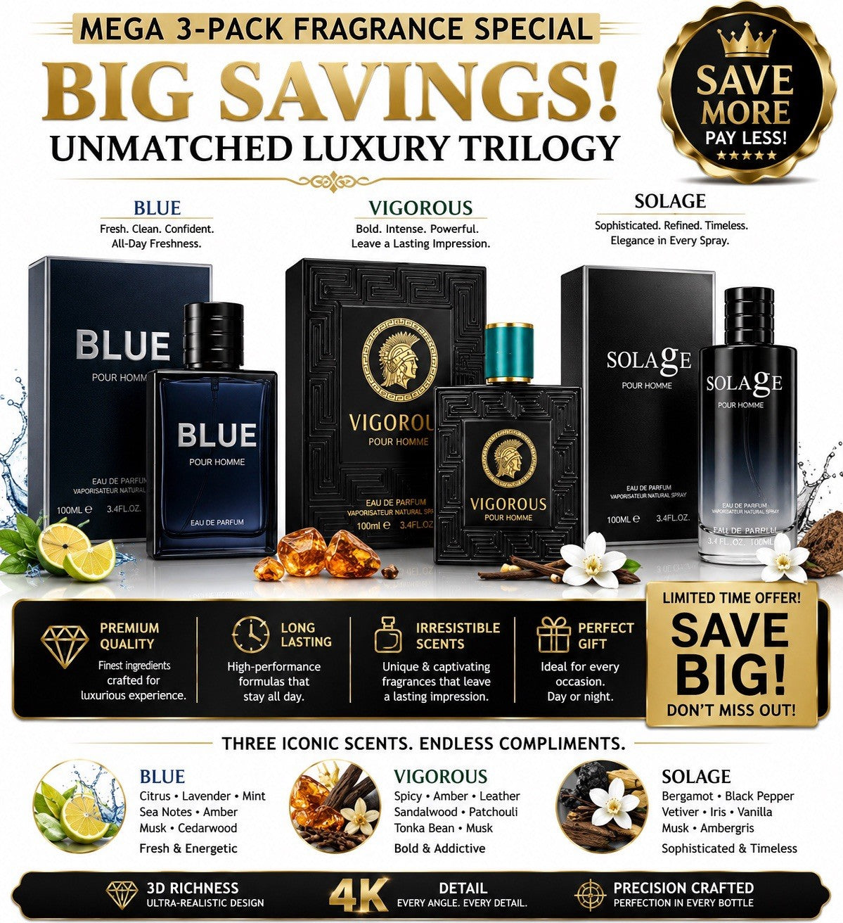 3 Pack Men's Eau de Parfum Fragrance Set Assorted Cologne Spray Gift Collection