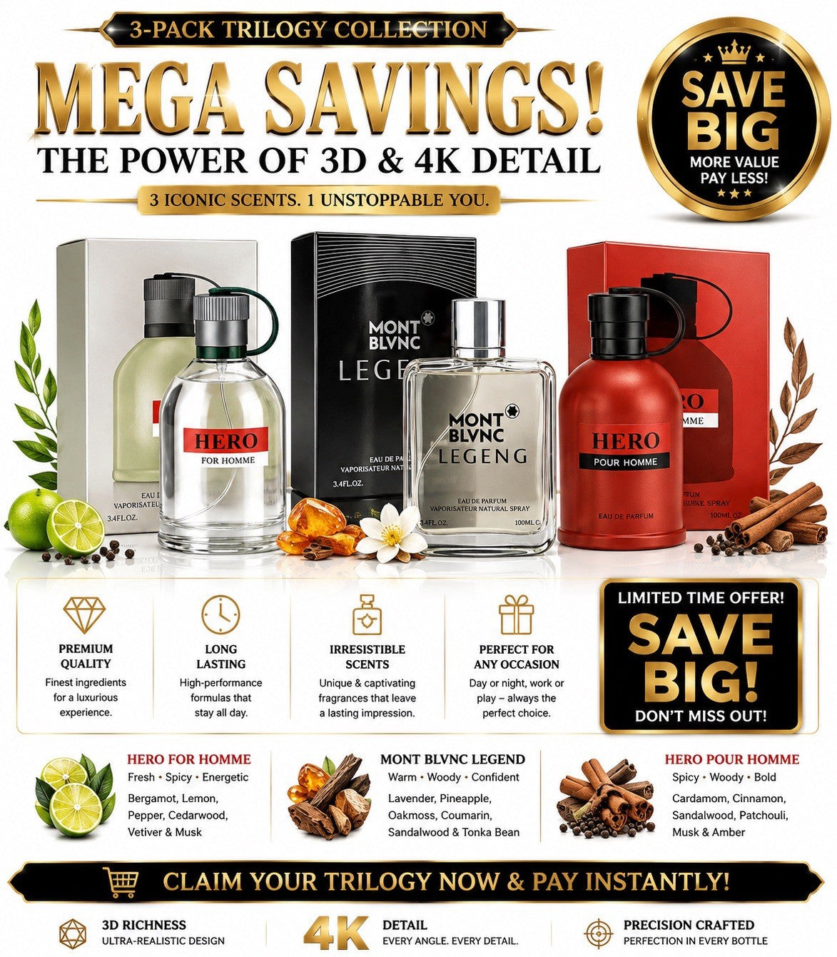 3 Pack Men's Eau de Parfum Fragrance Set Assorted Cologne Spray Gift Collection - Lumi and Leo