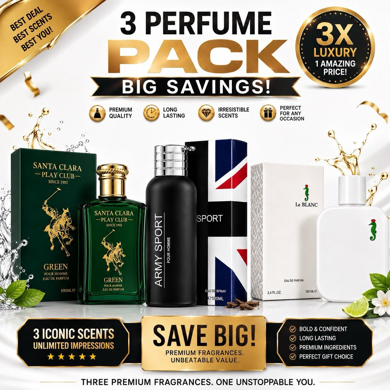 3 Pack Men's Eau de Parfum Fragrance Set Assorted Cologne Spray Gift Collection