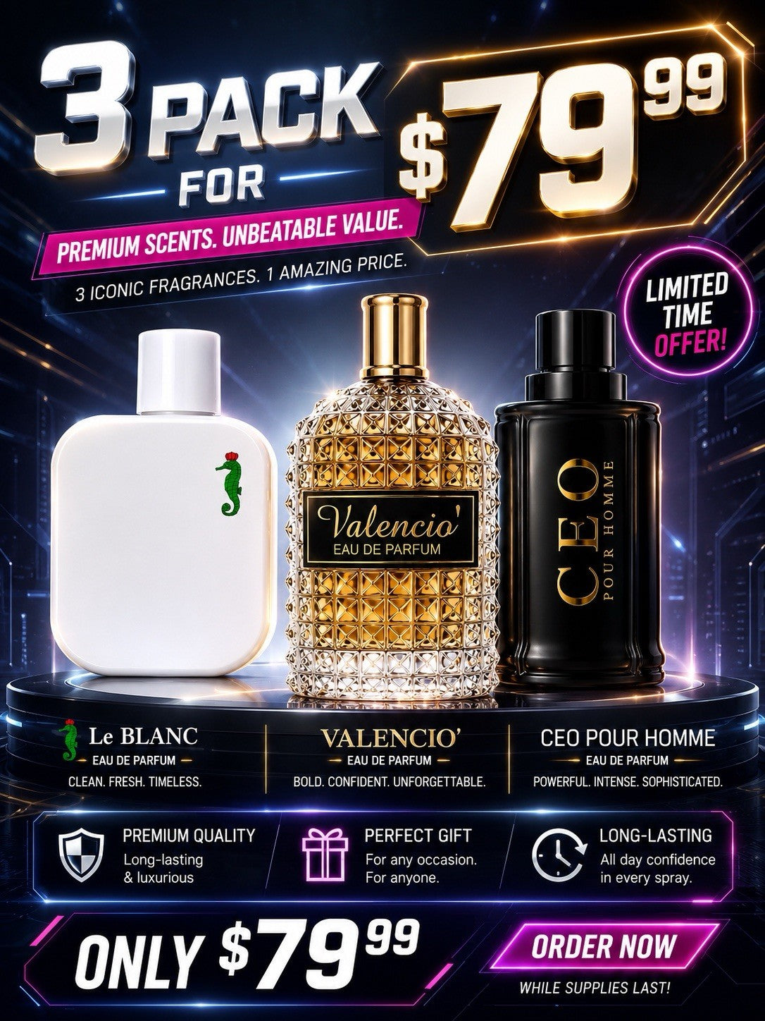 3 Pack Men's Eau de Parfum Gift Set 100ml Each Long Lasting Fragrance - Lumi and Leo
