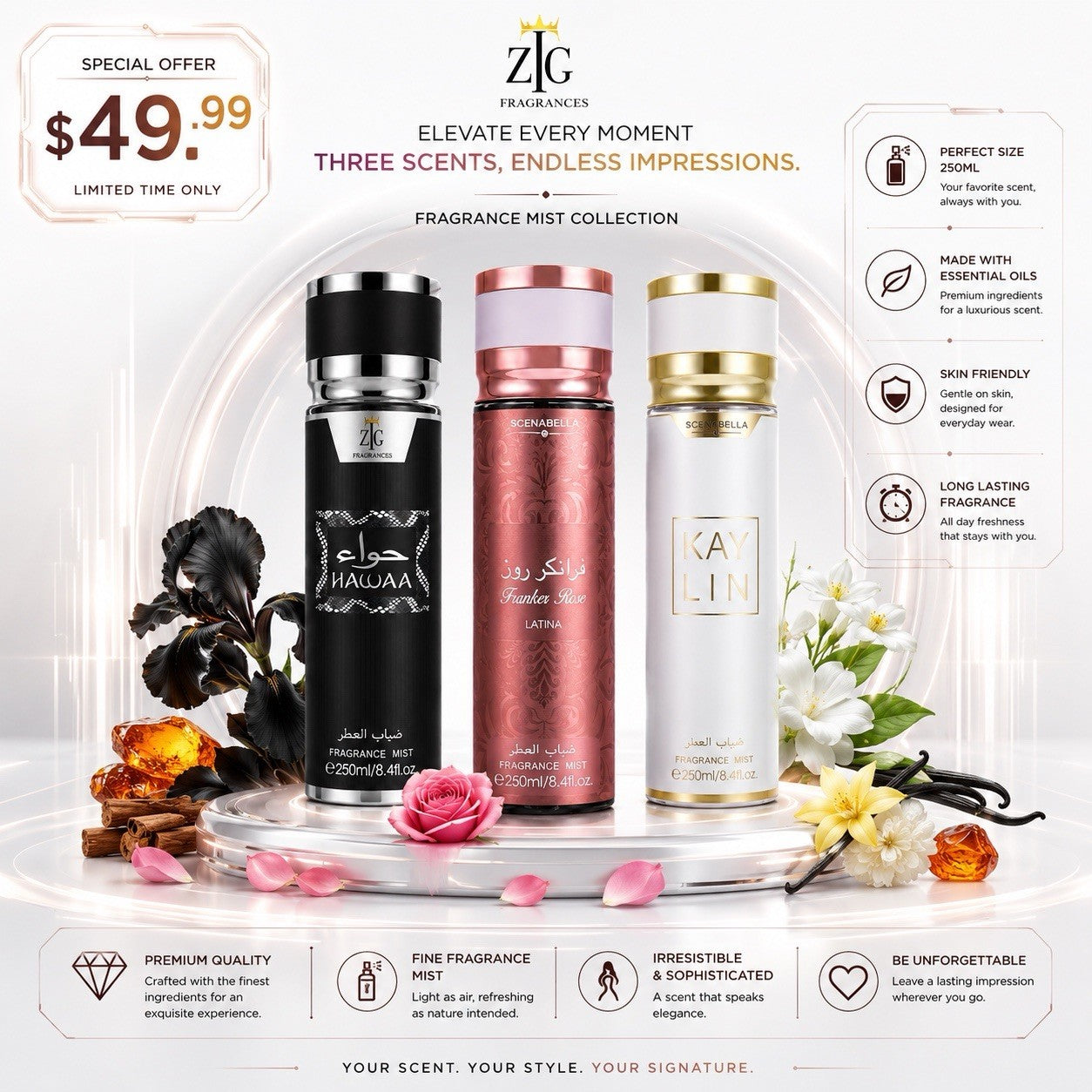 3 Pack ZTG Fragrance Mist Body Spray 250ml HAWAA KAY LIN Franker Rose Latina