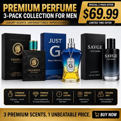 3 Premium Men's Perfume Gift Set | Vigorous Just G Savage 100ml EDP - Lumi and Leo