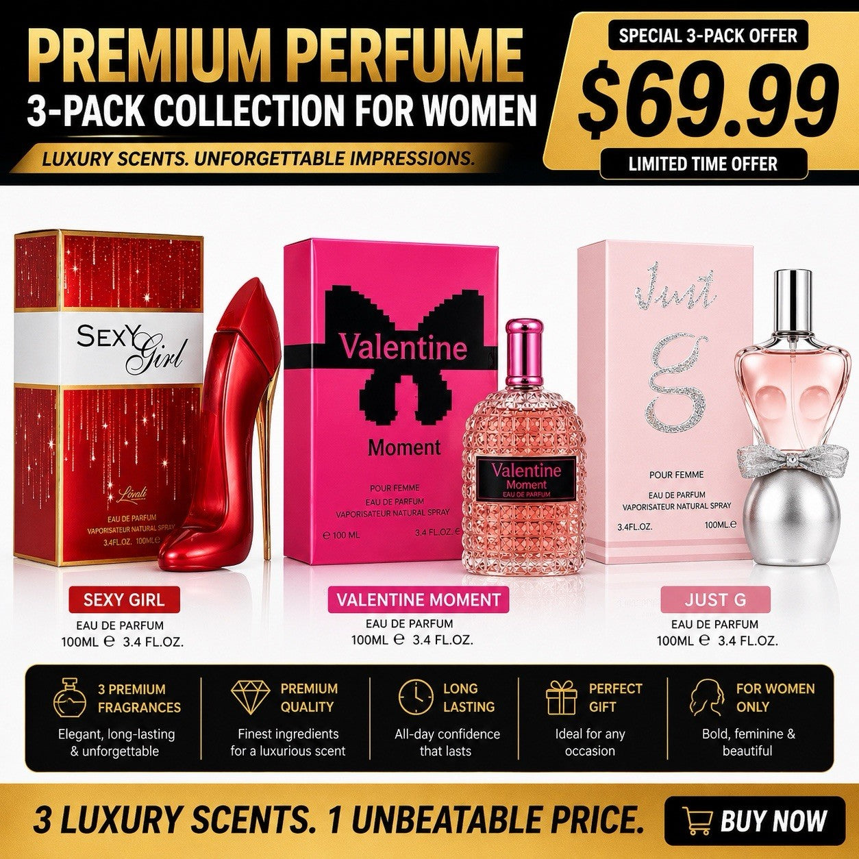 3 Premium Women's Perfume Gift Set | Sexy Girl Valentine Moment Just G 100ml